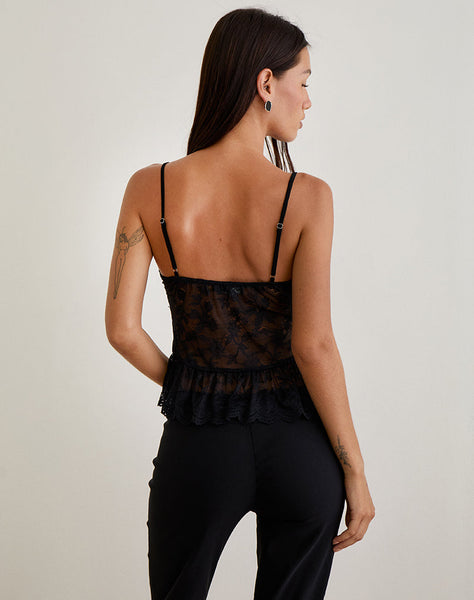 Image of Arin Ruffle Cami Top in Floral Lace Black