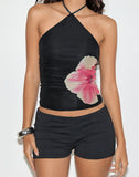 Image of Arira Halterneck Top in Black with Pink Watercolour Flower