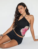 Image of Arira Halterneck Top in Black with Pink Watercolour Flower