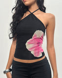 Image of Arira Halterneck Top in Black with Pink Watercolour Flower