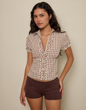Image of Arla V Neck Blouse in Brown Check