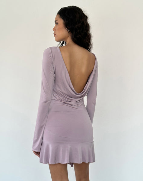 Image of Arwen Backless Ruffle Mini Dress in Slinky Mauve