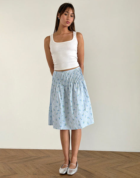 image of Asada Midi Skirt in Blue Flower Gingham