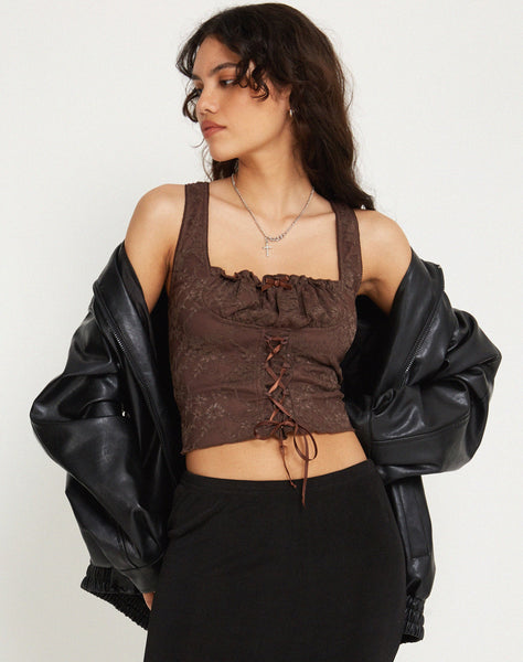 image of Asahi Crop Top in Lace Chestnut Brown