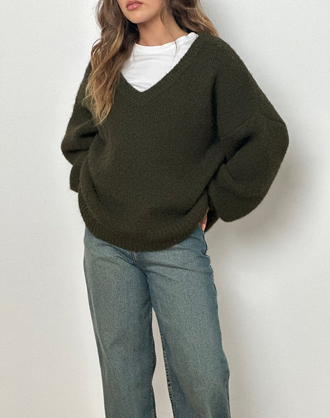 Image of Asato Chunky V Neck Jumper in Brushed Khaki