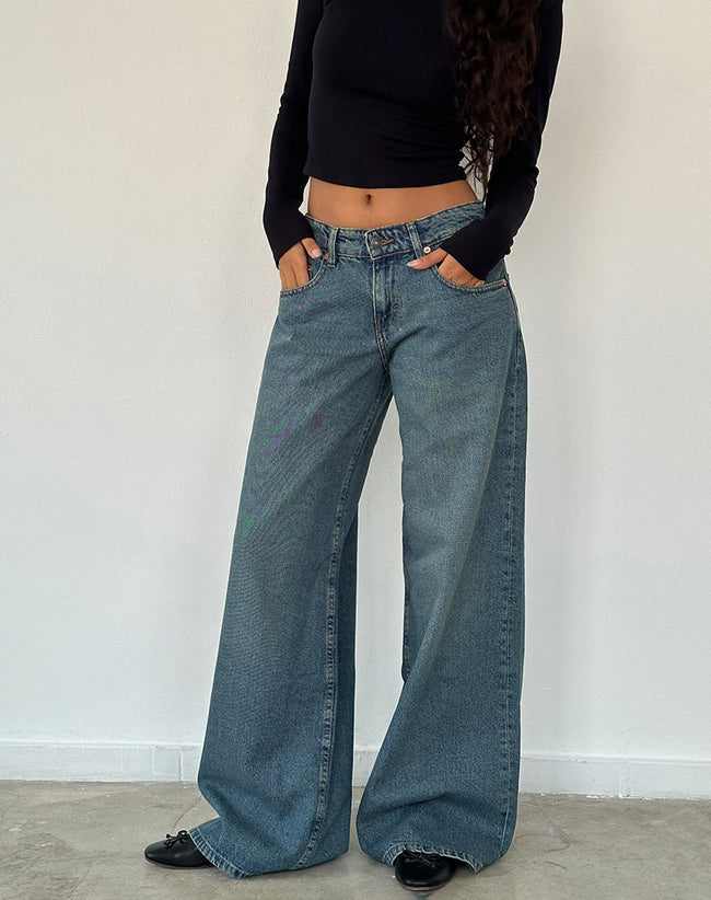 Image of Roomy Oversized Low Rise Jeans in Vintage Blue Green