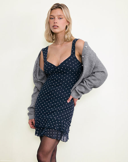 Luscian Plunge Mini Dress in Micro Polka Navy