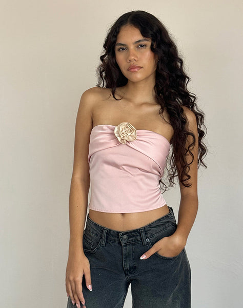 Image of Astrum Satin Bandeau Top in Pink with Ivory Rose