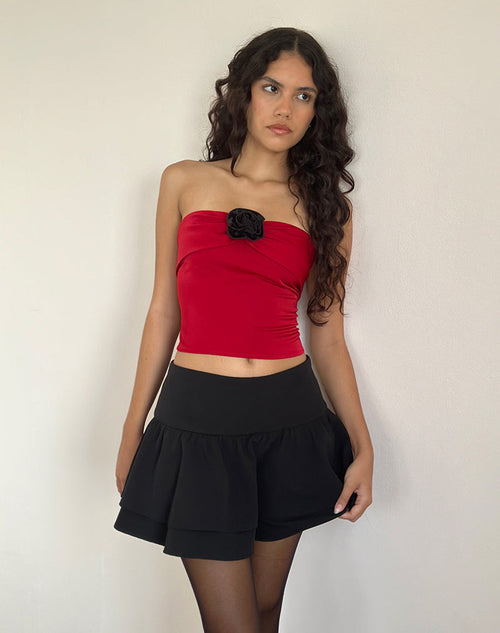 Image of Astrum Satin Bandeau Top in Red with Black Rose