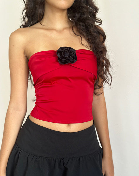 Image of Astrum Satin Bandeau Top in Red with Black Rose