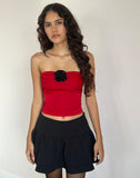 Image of Astrum Satin Bandeau Top in Red with Black Rose