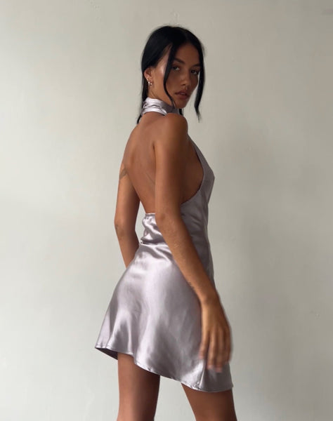 image of MOTEL X JACQUIE Atik Halterneck Mini Dress in Satin Silver