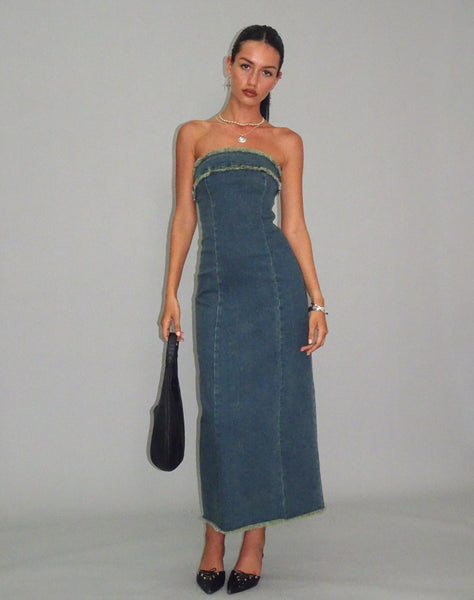 Image of Atun Denim Bandeau Maxi Dress in Brown Blue Acid Wash