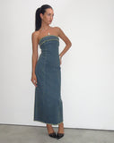 Image of Atun Denim Bandeau Maxi Dress in Brown Blue Acid Wash