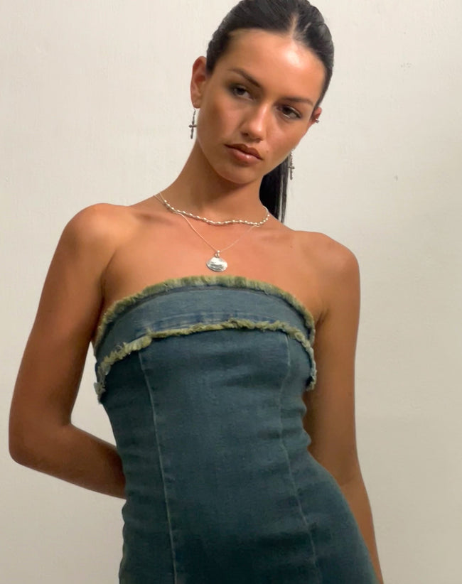 Image of Atun Denim Bandeau Maxi Dress in Brown Blue Acid Wash