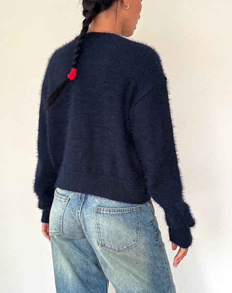 Image of Audrina Cardigan In Fluffy Knit Navy