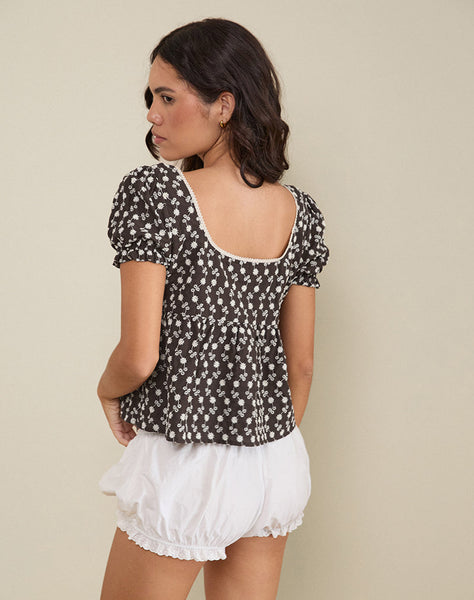 Image of Axoni Square Neck Blouse in Floral Broderie Brown