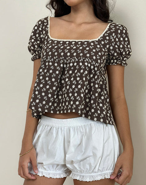 Image of Axoni Square Neck Blouse in Floral Broderie Brown