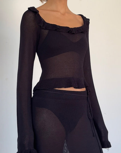 Image of Ayako Frill Fine Knit Top in Black