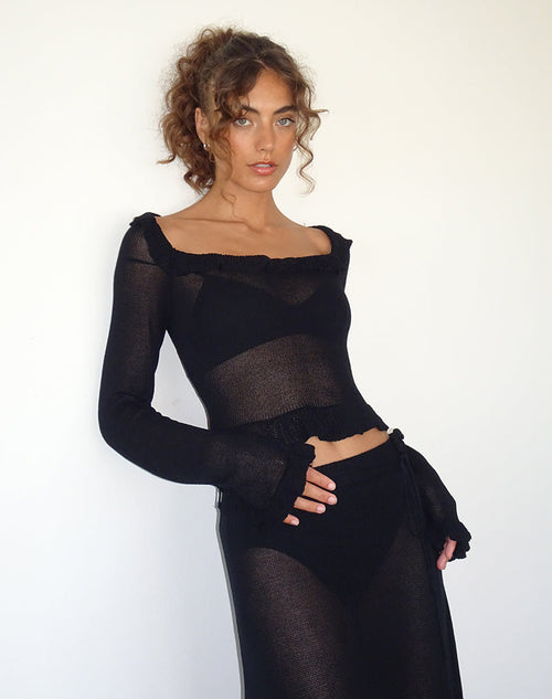 Image of Ayako Frill Fine Knit Top in Black