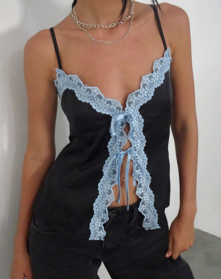 Satima Cami Top in Black with Blue Lace