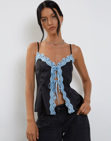 Images of Bahela Tie Front Cami Top in Black with Blue Lace