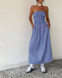 image of MOTEL X JACQUIE Beleame Bandeau Midaxi Dress in a Blue Striped Poplin