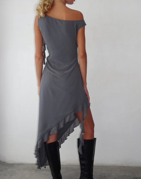 Image of Beleri Ruffle Asymmetric Dress in Grey Chiffon