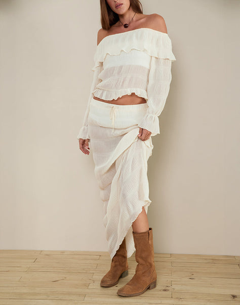 Image of Kalena Long Sleeve Bardot Top in Chiffon Plisse Ivory