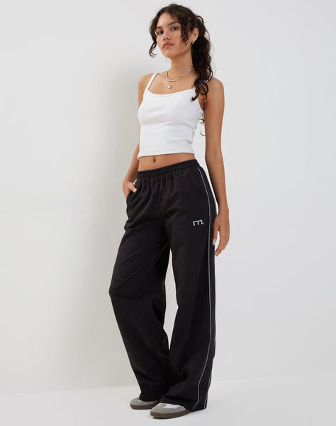 Image of Benton Wide Leg Jogger in Black with Dark Grey Piping and 'M' Embroidery