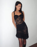 Image of Bernadette Unlined Asymmetric Midi Dress in Black Lace