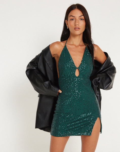 image of Bernoki Mini Dress in Drape Sequin Forest Green