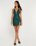 image of Bernoki Mini Dress in Drape Sequin Forest Green