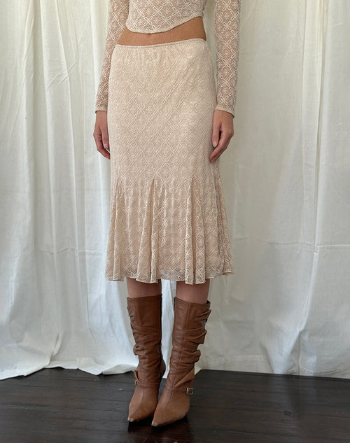 Image of Betharia Frill Detail Midi Skirt in Nude Lace