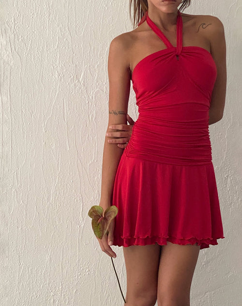 Image of Bibi Bandeau Halterneck Mini Dress in Red