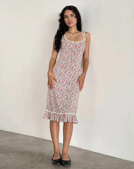 Naoya Midi Dress in Pink and Brown Lips Print