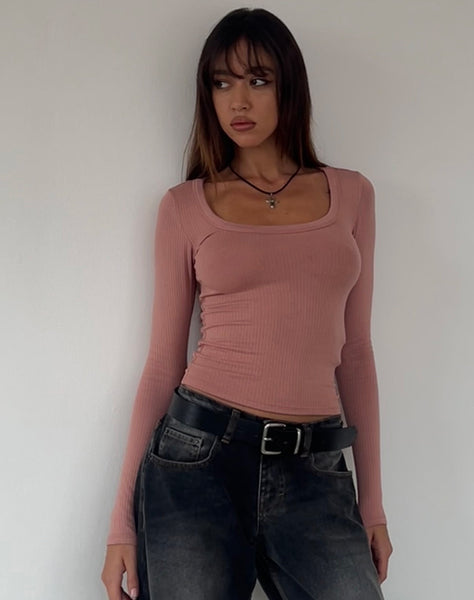 Image of Binlo Extra Long Sleeve Top in Dusty Pink Rib