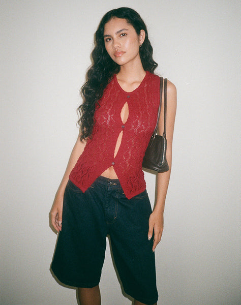 Image of Birama Button Tank Top in Knit Red