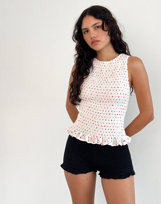 Image of Birita Shirred Tank Top in White and Red Polkadot