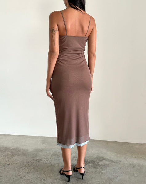 Image of Bisilk Midi Dress in Mesh Brown with Light Blue