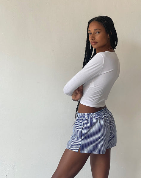 image of MOTEL X JACQUIE Laboxe Brief Shorts in Poplin Blue Pinstripe