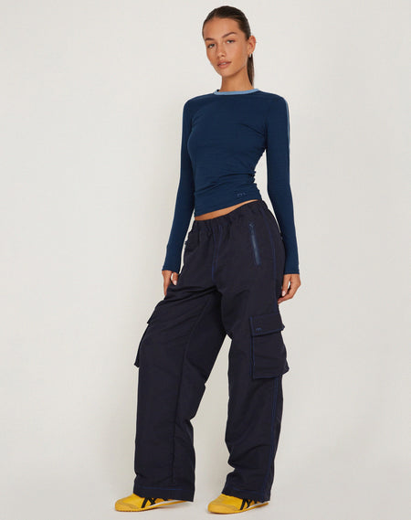 Coze Wide Leg Jogger in White with Navy Double Stripe