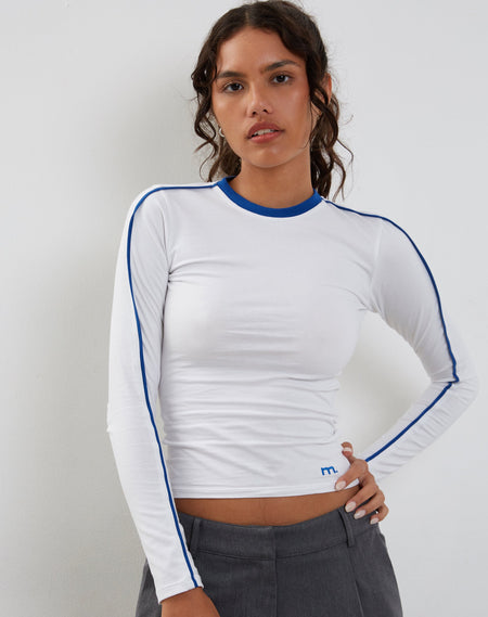 Gavya Long Sleeve Top in Navy with White Piping