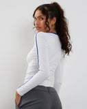 image of Bonija Long Sleeve Top in White with Cobalt Binding