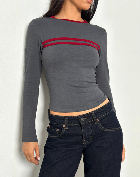 Image of Bonjita Long Sleeve Top in Storm Grey with Adrenaline Red Binding