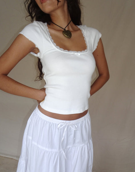 Image of Bovillo Lace Trim Tee in Ribbed Off White