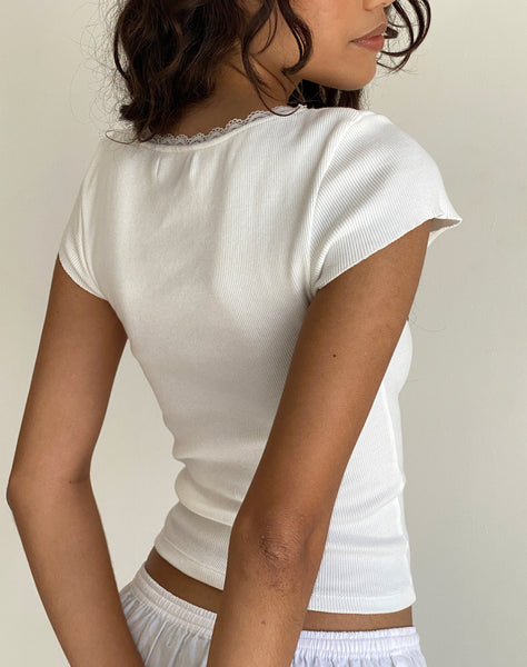 Image of Bovillo Lace Trim Tee in Ribbed Off White