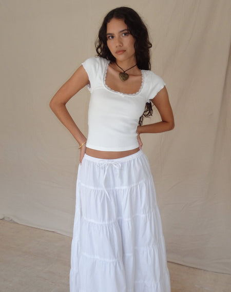 Bovillo Cap Sleeve Top in White Rib with Teddy Motif