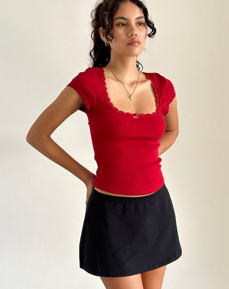 Jinila Top In Adrenaline Red With Lace Trim And Bow