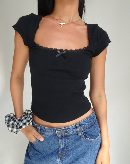 Suti Ribbed Baby Tee in Black with Red Bow M Embroidery